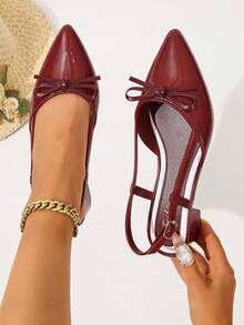 Sepatu Mule Wanita Warna Polos, Model Setengah Selip dengan Pita, Sepatu Komuter Modis - Burgundy - View 5