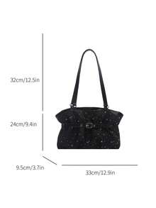 Star Print Ruched Tote Shoulder Bag, Silver Star Allover Fabric, Belt Buckle Waist Design, Large Capacity School & Work Handbag - Black - View 2