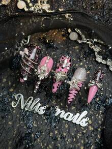 10pcs Handmade Fully Covered Stiletto Nails Press On Nails, Pink Nails,Sweet Spicy Gothic ,Reusable False Press On Nails With Jelly Glue And Nail File,Suitable For Music Festival,Birthday Party,Punk Street Outfit,Girly Daily Styling - Pink - View 4