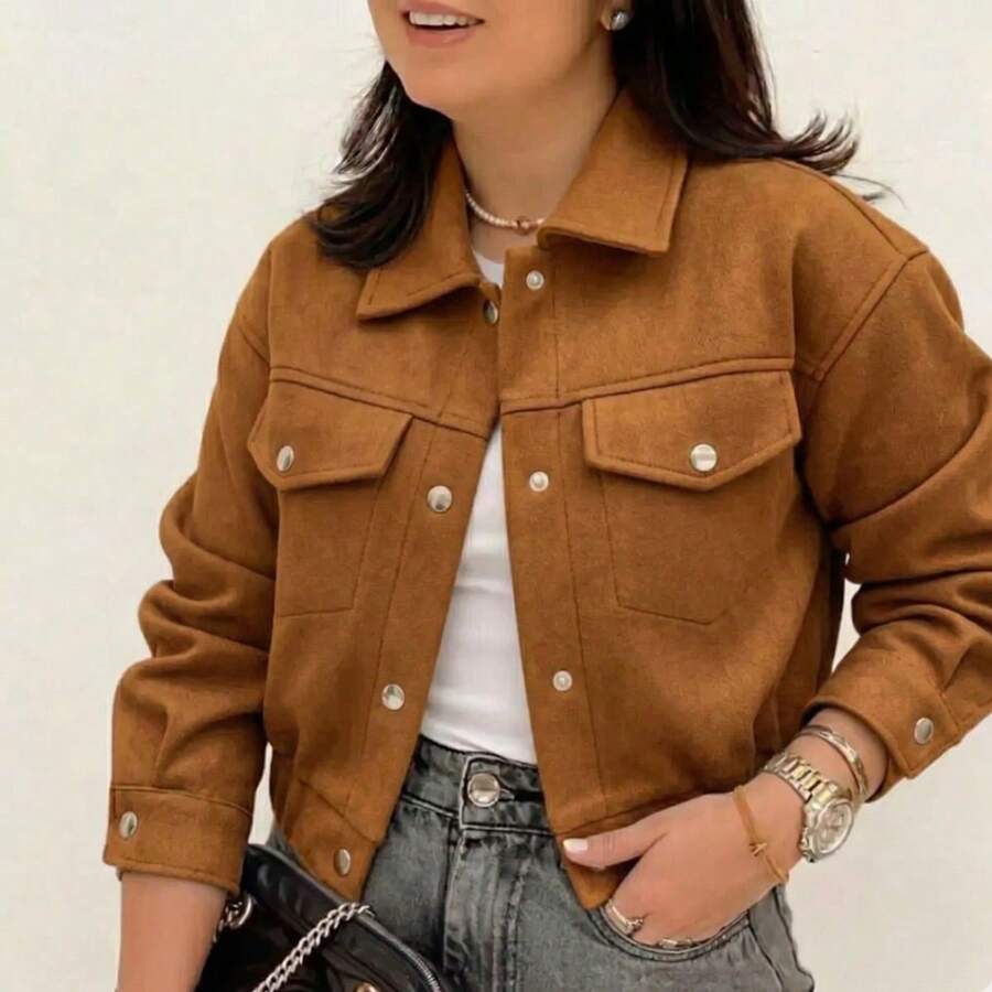 Women's Short Jacket With Long Sleeves And Buttons, Thick, Warm, And Soft Wool - Caramel - View 1