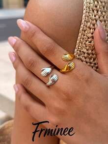 Frminee 2pcs/1pc 18K Gold Plated Stainless Steel Adjustable Hug Open Ring, Suitable Gift For Women And Couples - Multicolor - View 4
