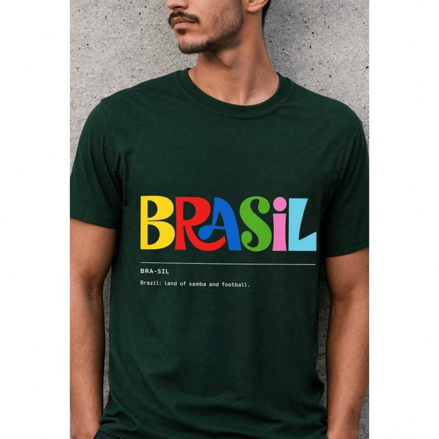 Camiseta Brasil Colorida Unissex 100% Algodão Estampa Vibrante Inspirada Na Cultura Camisa Brasileira Design Moderno Manga Curta Toque Macio Modelagem Confortável Cores Resistentes Estilo - Verde - Visão 1