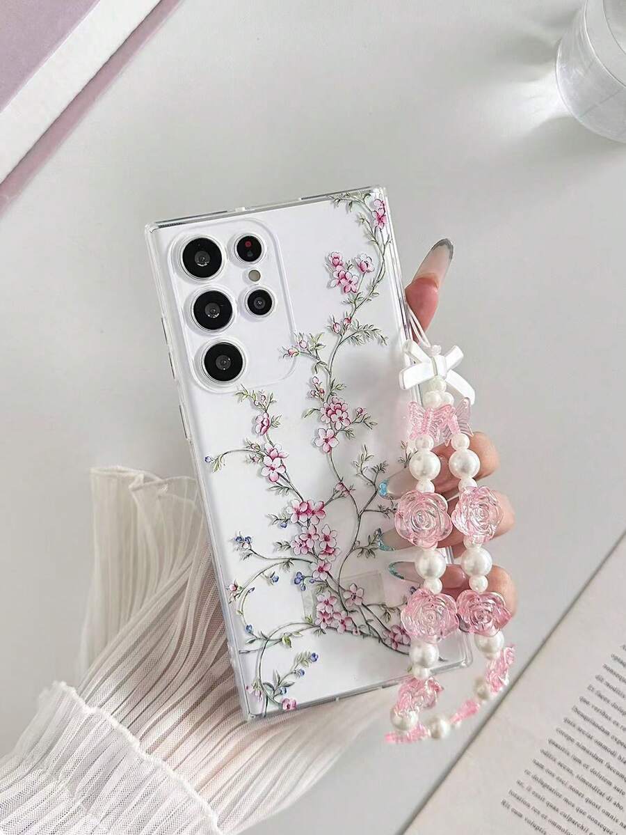 Floral Painted Perforated Transparent Painted Phone Case With Attached Bracelet, Minimalist Fashion Creative Anti-Drop, Compatible With Ip 17/Ip 17pro/Ip 17promax/ IP16/11/16pro/16plus/16promax/16e/15Promax/13/14/12/XS/XR/7G/8P, Compatible With Samsung Galaxy S25/S25PLUS/S25 Ultra/A16/A36/A26/A56/A50/A12/A32/A52/A72/A51/A21S/A13/A14/S24/S24PLUS/S24Ultra/S20/S23/S22/A53/S20FE/S21/Anti-Drop Phone - Multicolor - View 1