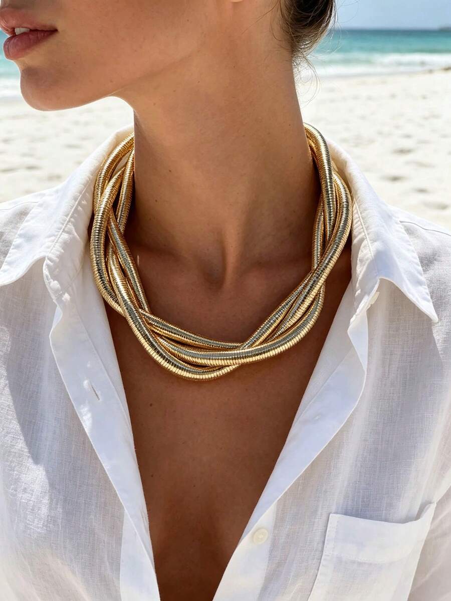 imoli 1 Set/Kalung Lilit Elastis Berlapis Logam Tebal Bertekstur Tabung Ular Gaya Bohemian, Cocok untuk Liburan Pantai Musim Panas Wanita, Kantor Sehari-hari, Hadiah Perhiasan Pesta Koktail