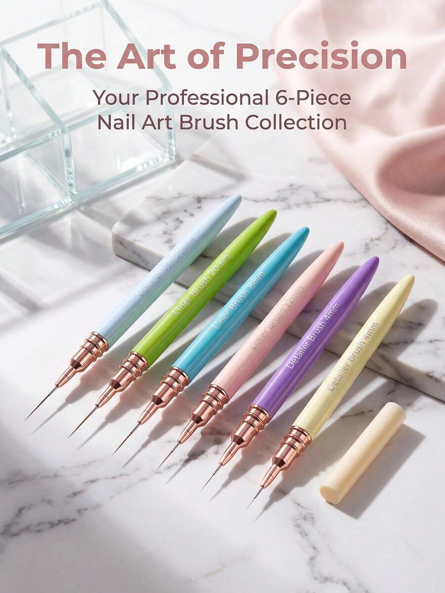 6pcs Gel Nail Art Brush Set, French Striped Line & Floral Painting Brush Set, Professional Nail Art Tools - Multicolor - View 1