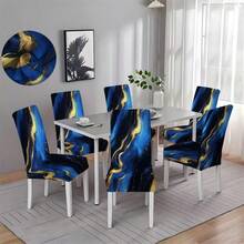2/4/6 Sets Digital Printed Dining Chair Covers, Blue And Black Gold Geometric Pattern Design, Suitable For Restaurant, Hotel, Celebration Occasions And Holiday Decoration, Ideal Housewarming Gift - Multicolor - View 4