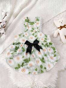 Sweet Green Daisy Pattern Puppy Dress -- Breathable Summer Princess Outfit With Large Ribbon, Suitable For Teddy/Bichon -- Cute Large Back Bow And Anti-Shedding - Green - View 4