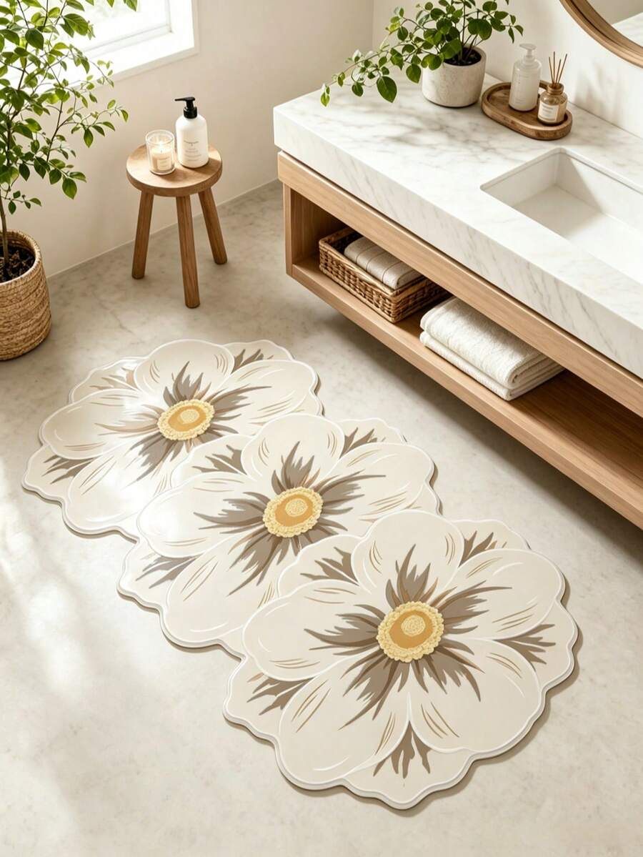 1pc Cream White Floral Shaped Bath Mat, Bathroom Rug, Door Mat, Small Rug, Carpet, Floor Mat, Home Decor, Area Rug, Outdoor Mat, Bedroom Carpet, Washable Rug - Multicolor F - View 1