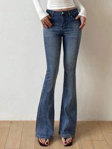 Jeans acampanados de tiro bajo con lavado azul, de ajuste ceñido y elástico, para todas las estaciones - Negro - Ver 4