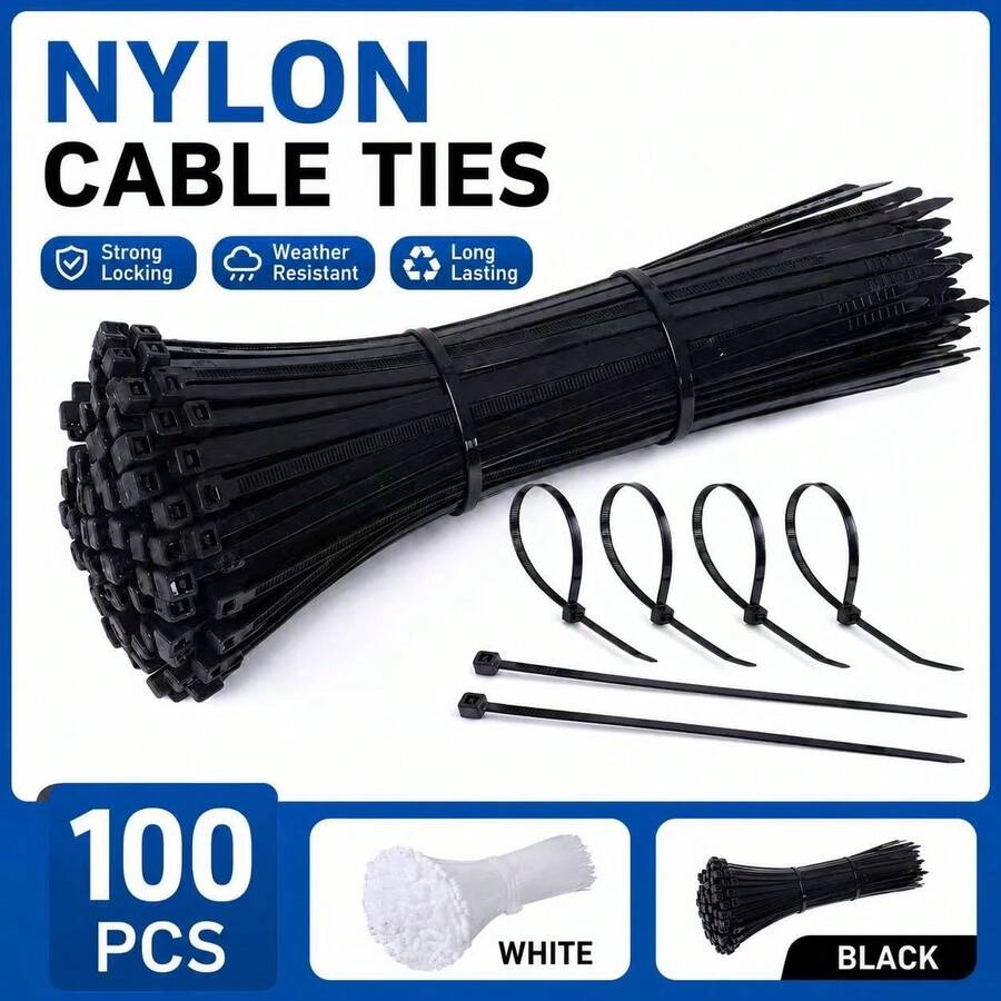 100pcs Self-Locking Cable Tie Set - Adjustable, Self-Locking, Waterproof, Anti-Slip, Scratch-Resistant, Bend-Resistant, Suitable For Indoor/Outdoor, Home, Office, Gardening And Outdoor Cable Management. Durable Nylon Cable Ties, Multiple Sizes Available - 100 Pieces Of Black - View 1