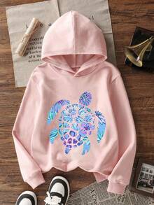 Tween Girl 1pc Thermal Lined Thick Warm Hooded Sweatshirt, Young Student Children's Clothing, Suitable For Autumn/Winter Long Sleeve Top - Pink - View 3