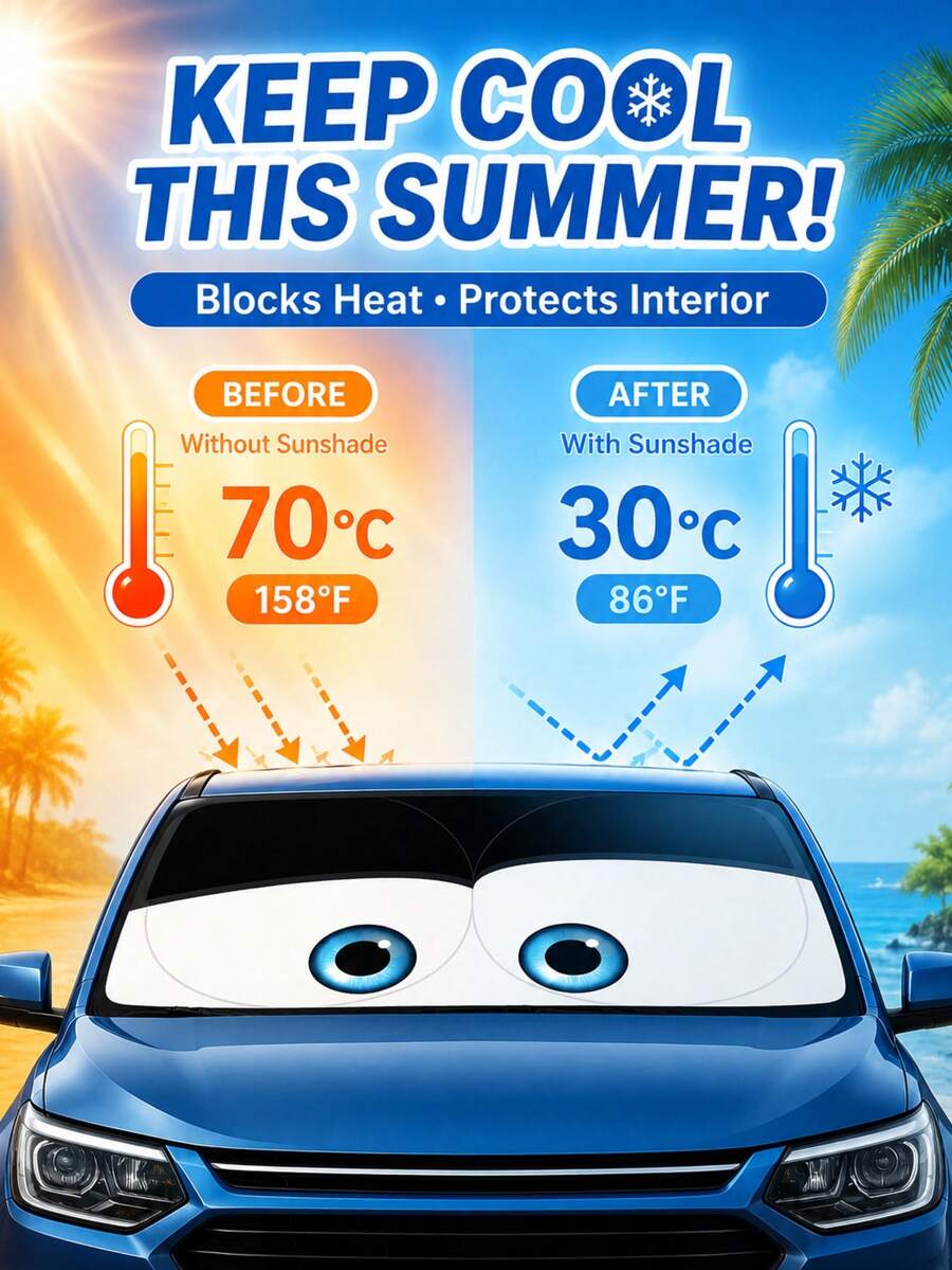 Funny Cartoon Eye Car Front Windshield Sun Shade, Foldable Front Window Sunshade 150*70cm, UV Protection Heat Insulation Sunshade, Suitable For SUV, Sedan, Truck, Car Interior Accessories, Essential Summer Gift For Men And Women - A - View 1