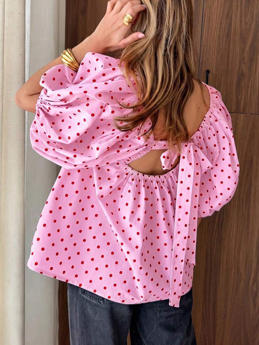 Nueva blusa elegante y de moda con estampado de lunares, con lazo delantero y espalda descubierta, ideal para vacaciones de verano - Albaricoque - Ver 1