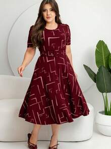 GODÊ MIDI DRESS WITH FULL SKIRT WITH BELT AND GEOMETRIC PRINT - Burgundy - View 7