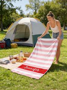 1 Stück anpassbares einfarbiges gestreiftes Strandtuch, personalisierbare Namensanpassung, mehrere Farben erhältlich, weich und hautfreundlich, schnelltrocknend, geeignet für Strand, Schwimmen, Fitnessstudio, Camping oder Yoga, ideales Urlaubsgeschenk, Sommer-Strand-Essential - Verschiedenfarbig - Übersicht 6