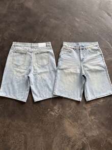 男士淺色水洗寬鬆大腿寬牛仔短褲 Jorts，復古膝長街頭風牛仔短褲，適合夏季 - 淺藍色 - 查看 3