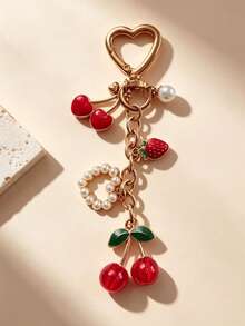 1pc Fruit Lobster Clasp Pendant Cherry Keychain Charm, Heart Pearl Hanging Ornament Holiday Gift - Multicolor - View 1