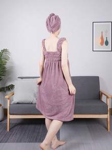 1 Coral Fleece Bath Robe With Hook And Loop Closure And 1 Shower Cap Set Back To School - Purple - View 12