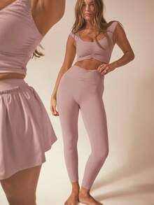 Conjunto deportivo de top corto fruncido y mallas de unicolor para mujer - Rosa vieja - Ver 1