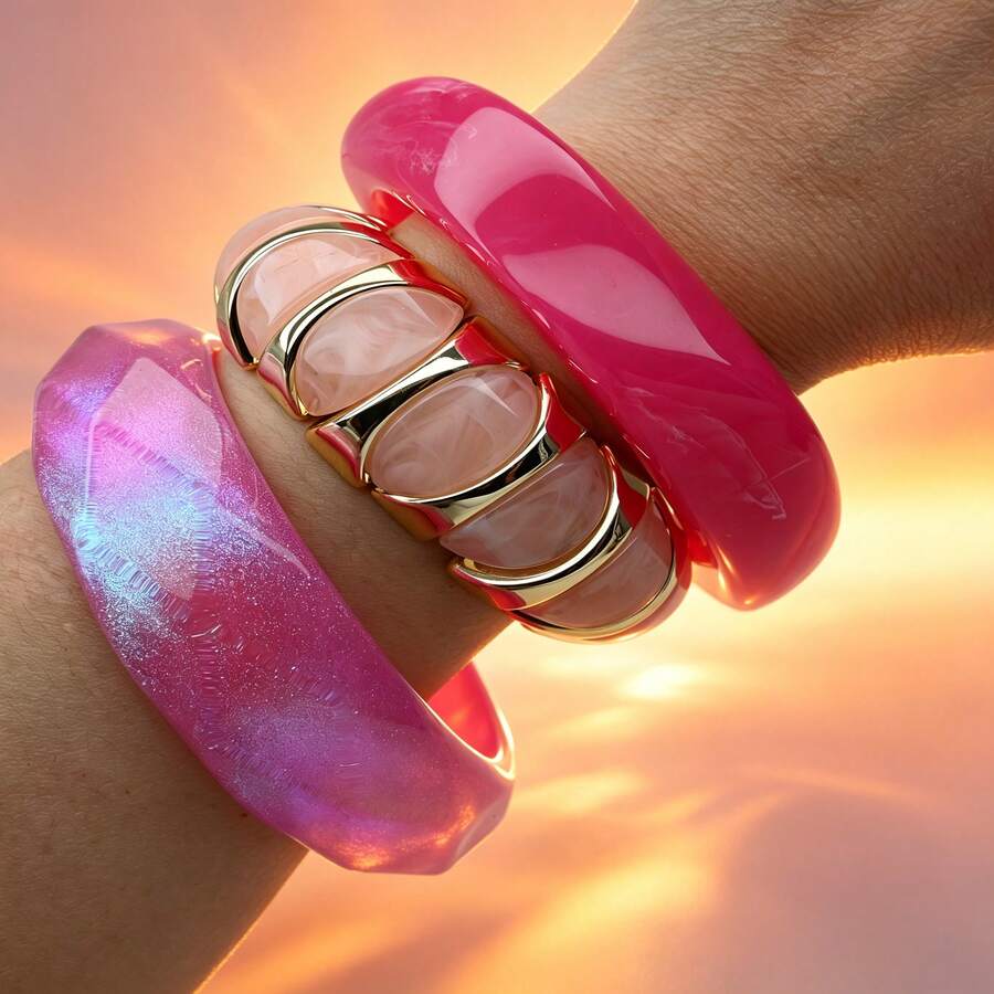 GNIT Set Gelang Wanita Resin Merah Muda & Emas Y2K, 3 buah/1 buah Gelang yang Dapat Ditumpuk dengan Potongan Faset Berkilau & Desain Marmer, Gaya Modis - Berkilau, Emas Merah Muda, Merah Mawar - View 1