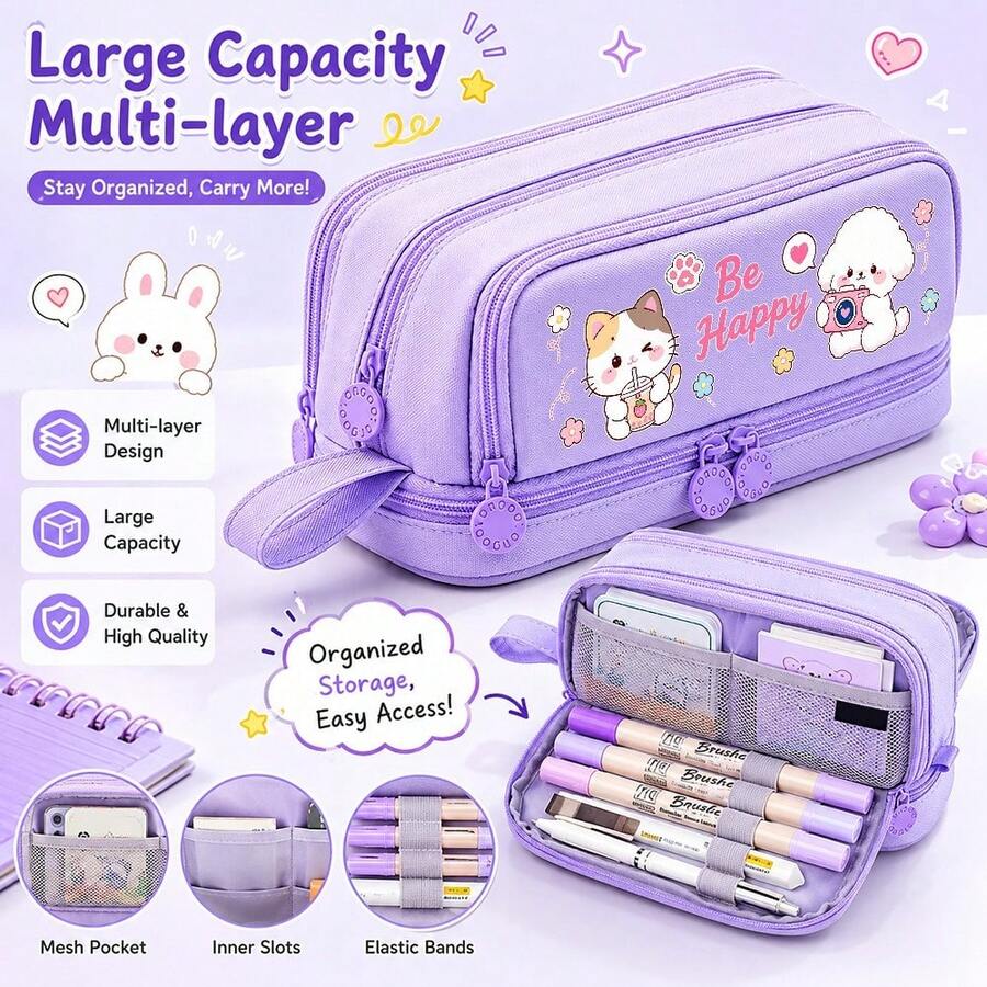Cute Pink Cat Desktop Stationery Pencil Case, Suitable For School Group Customization, Gift Giving, 4-Layer Zipper Multi-Function Pencil Holder, New Large Capacity Japanese Style Cute Stationery Storage Bag, Women's Back To School Supplies - Multicolor - View 1