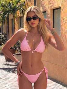 Striped Lace-Up Backless Bikini Set For Beach, Stage, Concert And Vacation Summer Pink - Pink - View 5