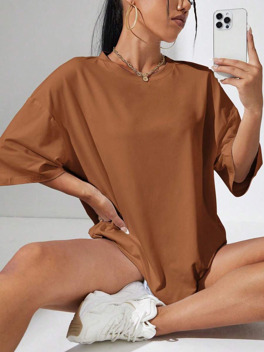 Sundraya Loose-Fitting, Drop-Shoulder, Solid Color T-Shirt - Whole Grain Coffee - View 1