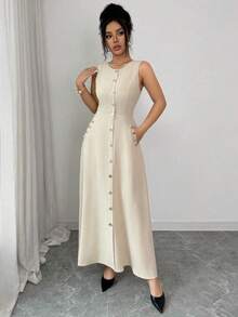 Elenzya Vestido de mujer beige liso sin mangas, abotonado simple con decoración de metal, cuello redondo, cintura ceñida con lazo, elegante, pa - Albaricoque - Ver 6