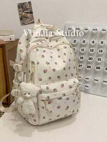 Women's Backpack With Rose Print, Multiple Compartments And Pockets, Thick Backpack For Students, Waterproof Backpack, With Teddy Bear Hanging Accessory, Essential - Apricot - View 1