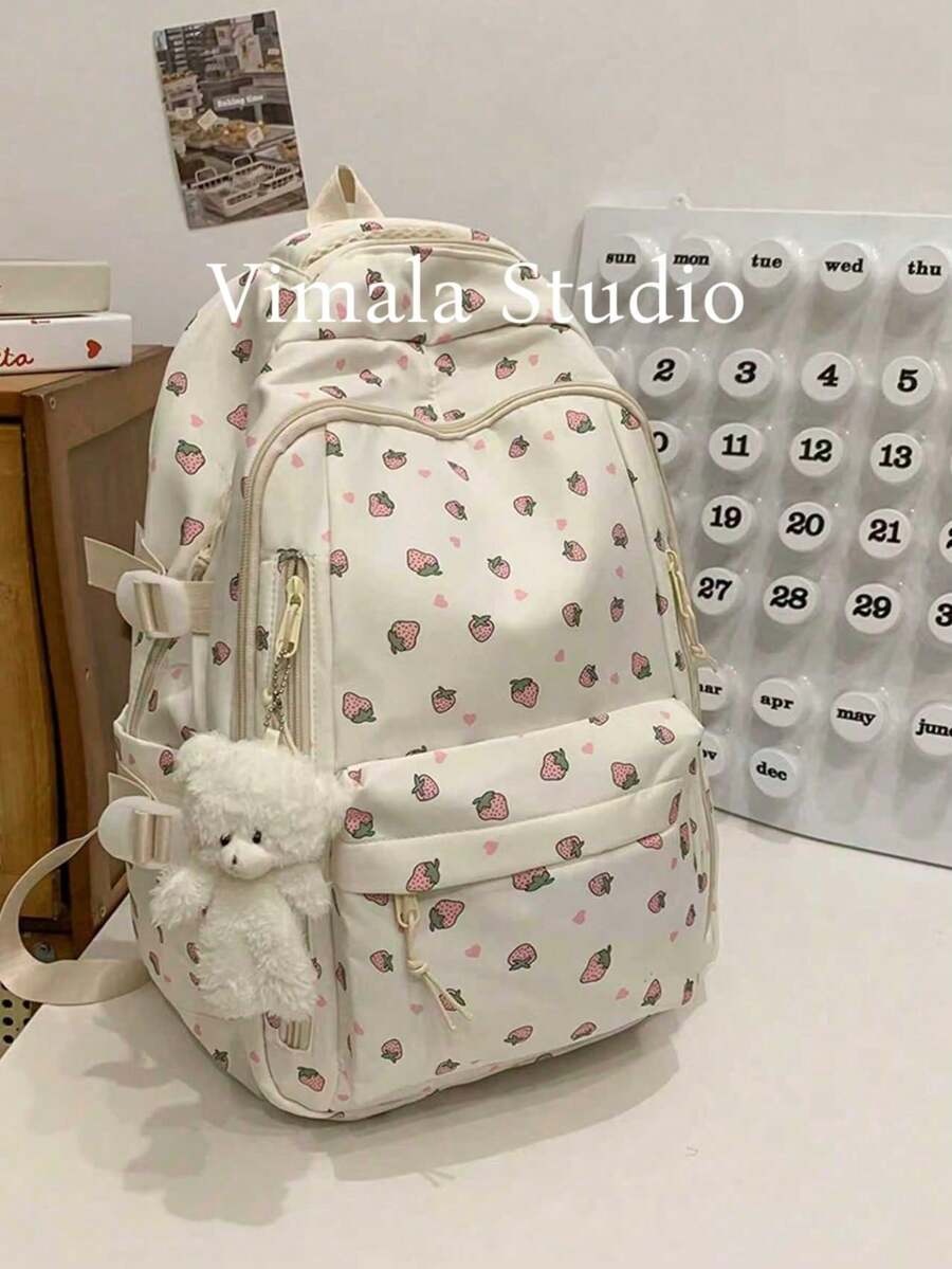 Women's Backpack With Rose Print, Multiple Compartments And Pockets, Thick Backpack For Students, Waterproof Backpack, With Teddy Bear Hanging Accessory, Essential - Apricot - View 1