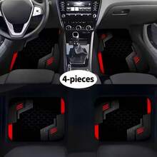 1pc/4pcs Black & Red Geometric Patchwork Print Car Floor Mats, Car Trunk Mat | Easy To Clean, Stylish Interior Protection, Suitable For Sedans, Trucks And SUVs, Enhance Driving Pleasure And Comfort, Polyester Fiber - Black and Red Geometry - View 1