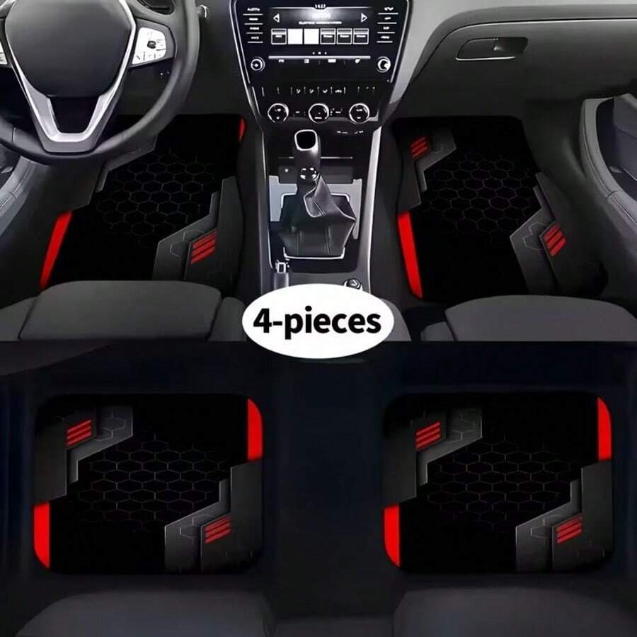 1pc/4pcs Black & Red Geometric Patchwork Print Car Floor Mats, Car Trunk Mat | Easy To Clean, Stylish Interior Protection, Suitable For Sedans, Trucks And SUVs, Enhance Driving Pleasure And Comfort, Polyester Fiber - Black and Red Geometry - View 1