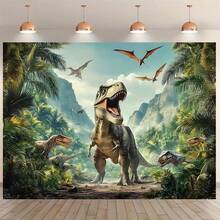 2D Flat Banner 1 Dinosaur Jungle Mountain Background Cloth, Decorative Backdrop, Photo Prop, Room Decor, Wall Decor, Party Background Decoration, Birthday Party Decoration Supplies, Dinosaur Theme Party Decoration, Gift For Dinosaur Lovers - Multicolor - View 4