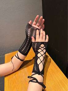 2/1 Pair Women's Elastic Cross Solid Color Mesh Lace-Up Short Sleeve Arm Warmers With Finger Loops, Suitable For Party, Halloween, Valentine's Day And Other Occasions - Multicolor - View 4