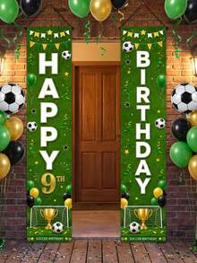 2pcs Football Happy Birthday Vertical Door Banner, 5 6 7 8 9 10 Years Old Football Birthday Doorway Decoration, Green Grass Trophy Print Sports Theme Kids Age Front Door Yard Hanging Party Decor - A - View 8