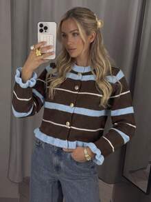Women's Autumn/Winter Casual Elegant Ruffle Trim Colorful Striped Contrast Collar Cardigan Top, Outing Top, Back To School Outfit Fall - Multicolor - View 1
