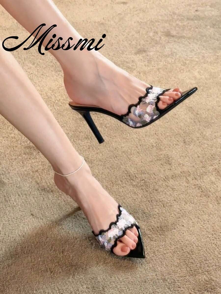 2026新款女款露趾 peep-toe 透視網布刺繡裸色一腳蹬式復古風戶外細高跟涼鞋 - 黑色 - 查看 1
