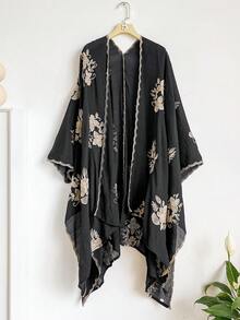 1 buah Syal Belah Bordir Motif Bunga Elegan Gaya Bohemian untuk Wanita, Kimono, Sarung, Pakaian Luar Musim Semi Musim Panas untuk Liburan Pantai, Perlindungan Matahari, Perlindungan UV, Kardigan Bordir, Modis, Serbaguna, Mewah, Dekoratif, Cocok untuk Sehari-hari, Pilihan Hadiah yang Serasi - Hitam - View 7