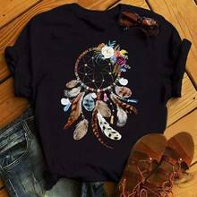 Modisches Feder-Traumfänger T-Shirt für Damen, Harajuku Grafik-T-Shirt, Damen Traumfänger T-Shirt, Kleidung Oberteile - Schwarz - Übersicht 2