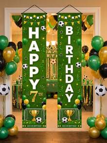 2pcs Football Happy Birthday Vertical Door Banner, 5 6 7 8 9 10 Years Old Football Birthday Doorway Decoration, Green Grass Trophy Print Sports Theme Kids Age Front Door Yard Hanging Party Decor - A - View 5