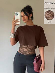 Camiseta de mujer con diseño 2 en 1 de encaje y parches, estilo Y2K, top casual de verano - Café integral - Ver 1