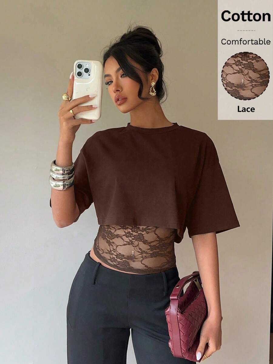 Camiseta de mujer con diseño 2 en 1 de encaje y parches, estilo Y2K, top casual de verano - Café integral - Ver 1