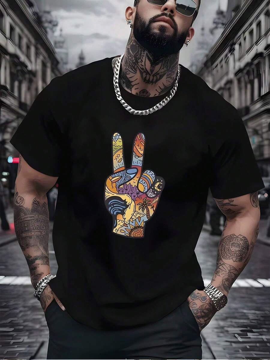 Vintage Peace Sign Wave Palm Sun Moon Castle T-Shirt, Locker Rundhals, Perfektes Casual Street Style Top - 黑色 - 查看 1