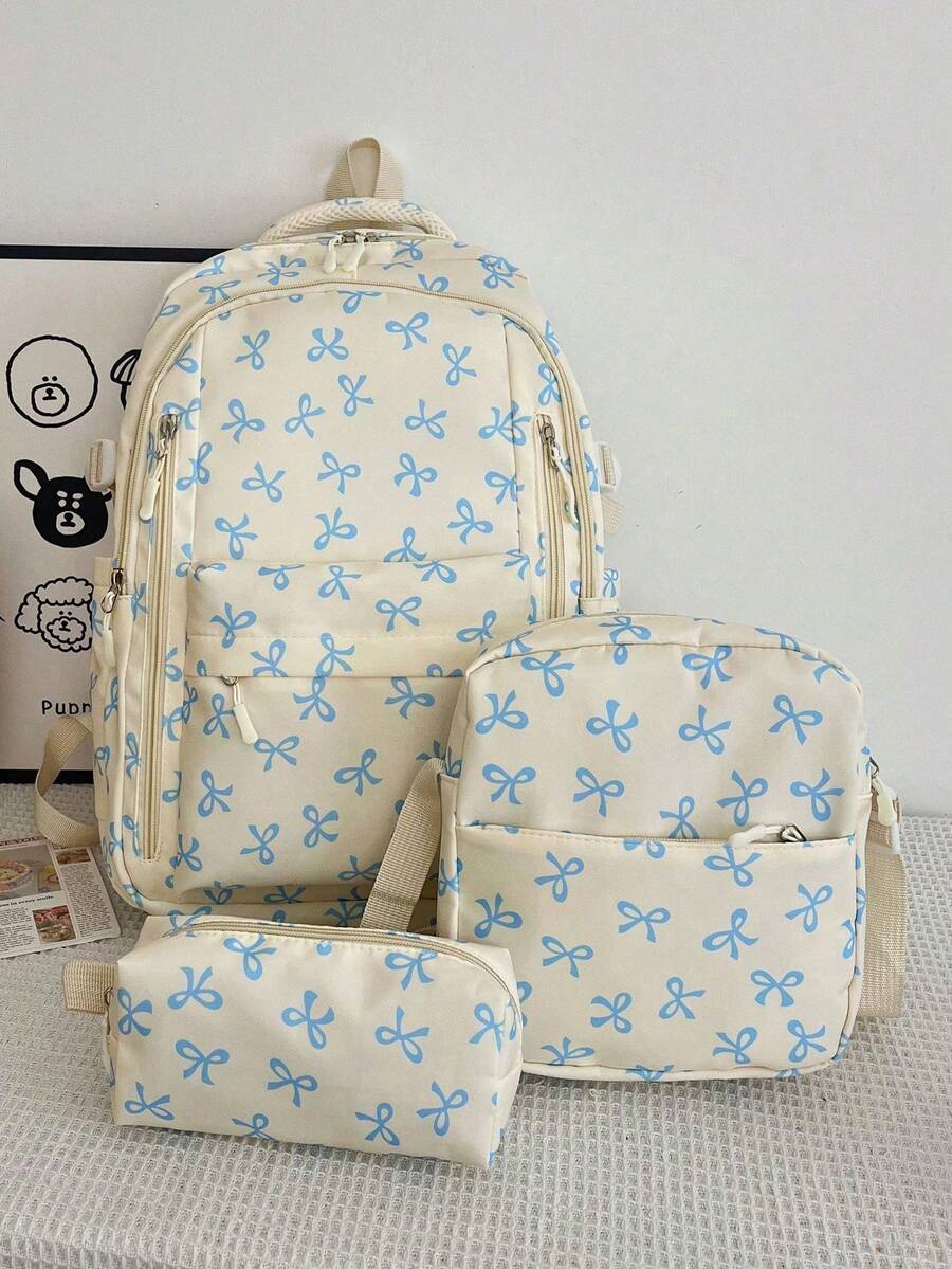 Set Of 3 Nylon Bow Print Backpacks, Large Capacity Foldable Backpack With Multiple Pockets And Waterproof Zipper, Suitable For Teenagers, High School Students - Beis 2 - View 1