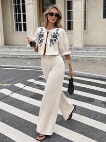 Set de 2 piezas con top con enredo frontal y pantalones con bordado floral para mujer - Albaricoque - Ver 2