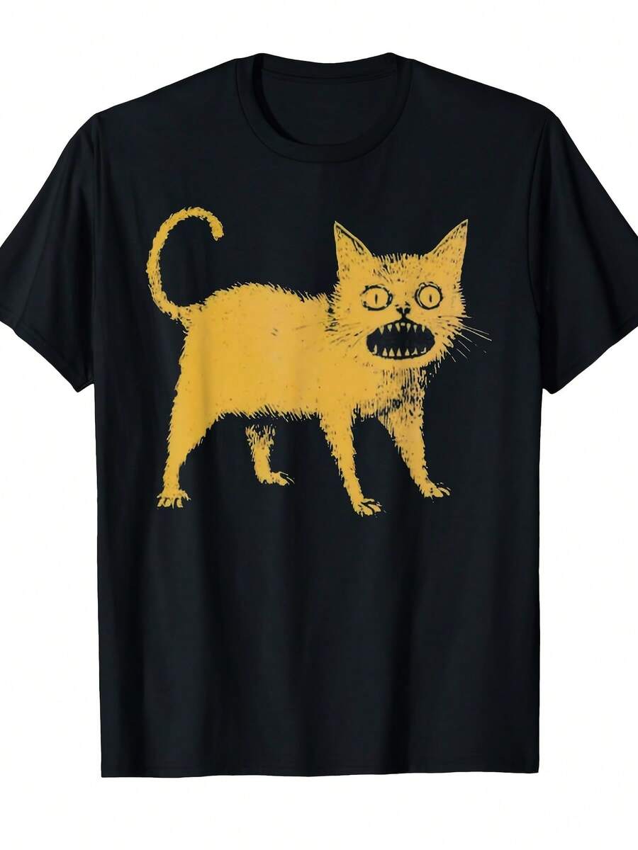 Men Retro Scared Yellow Cat Graphic Short Sleeve T-Shirt, Crew Neck Loose Fit Casual Basic Tee, Vintage Distressed Animal Print Black Streetwear Top, Soft Breathable Cotton Blend Tshirt For Cat Lovers - Schwarz - Übersicht 1