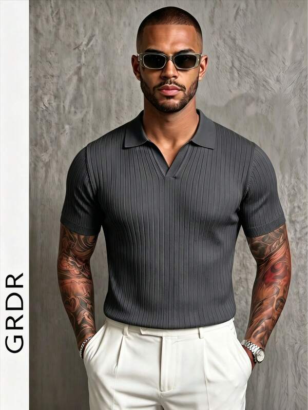 GRDR Men's Summer Solid Color Polo Collar Short Sleeve Knit Sweater, Suitable For Summer Outings, Essential For Fashionable Styling