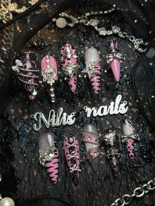 10pcs Handmade Fully Covered Stiletto Nails Press On Nails, Pink Nails,Sweet Spicy Gothic ,Reusable False Press On Nails With Jelly Glue And Nail File,Suitable For Music Festival,Birthday Party,Punk Street Outfit,Girly Daily Styling - Pink - View 2