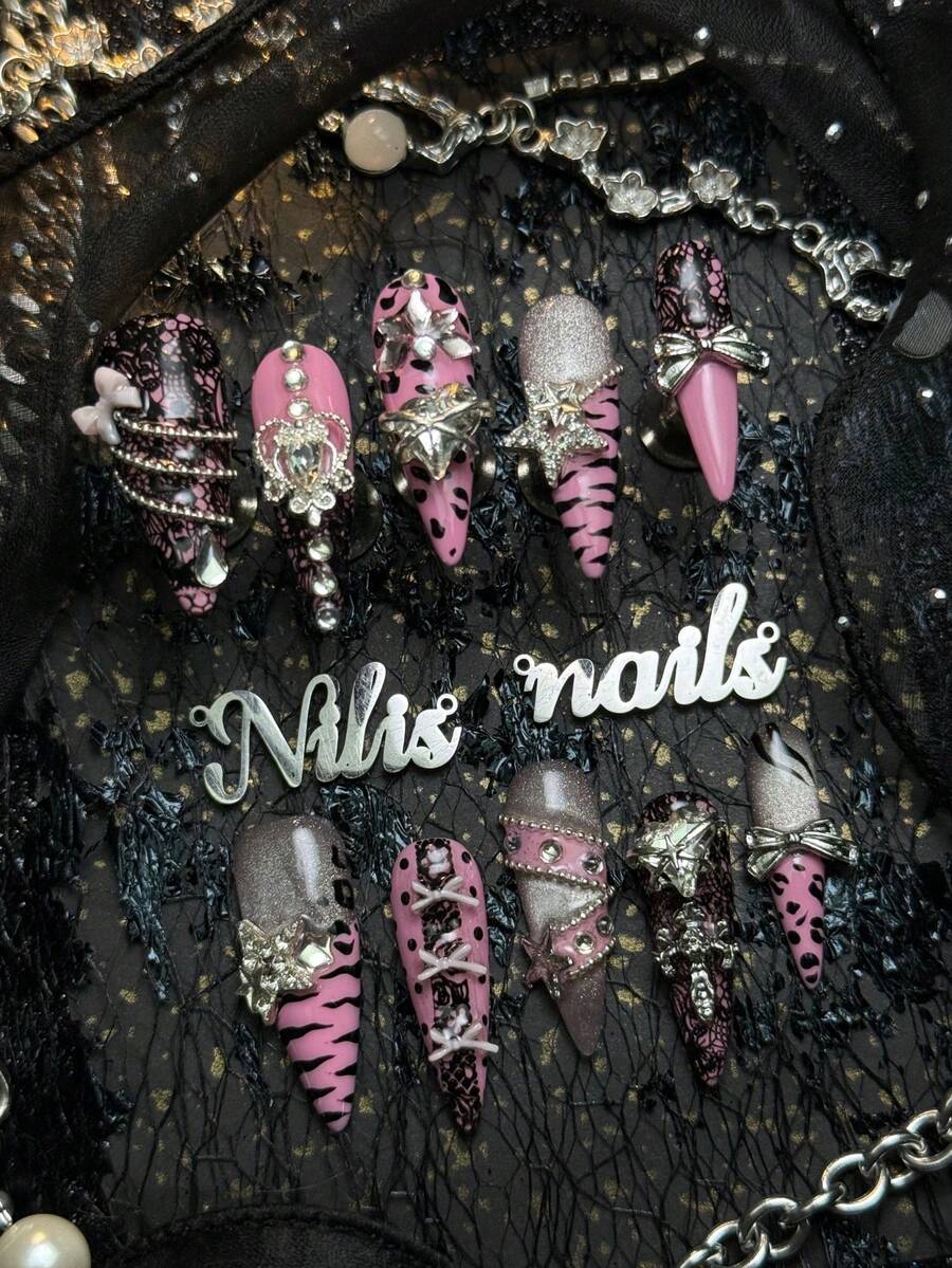 10pcs Handmade Fully Covered Stiletto Nails Press On Nails, Pink Nails,Sweet Spicy Gothic ,Reusable False Press On Nails With Jelly Glue And Nail File,Suitable For Music Festival,Birthday Party,Punk Street Outfit,Girly Daily Styling