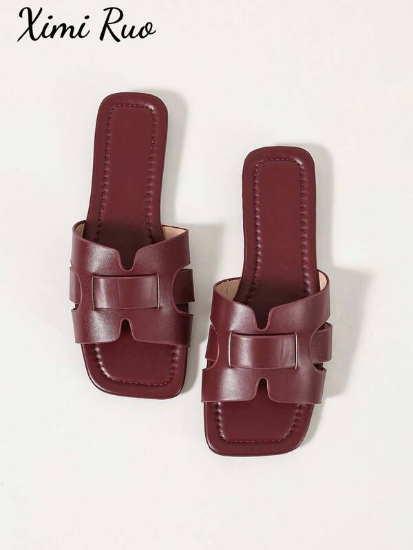 Ximi Ruo New H-Shaped Slippers, Women's Fashion Casual Roman Style Slip-On Sandals, Comfortable Black/Beige/Brown Flat Embossed Slides, Blogger Recommended Desert Key French Elegant Rhinestone Thick Bottom Wedge Sandals, Summer Beach Shoes, Minimalist Indoor Outdoor Anti-Odor Anti-Slip Flip Flops, Crocodile Pattern Flat Metal Decor Sandals